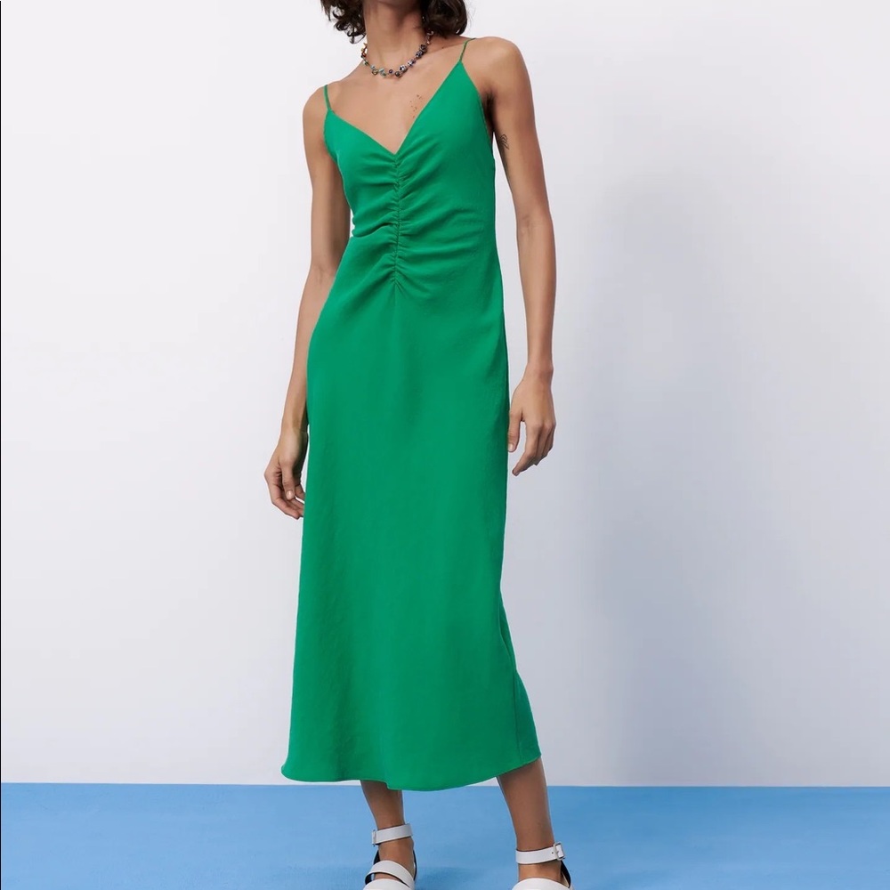 LONG RUCHED GREEN DRESS FROM ZARA XS